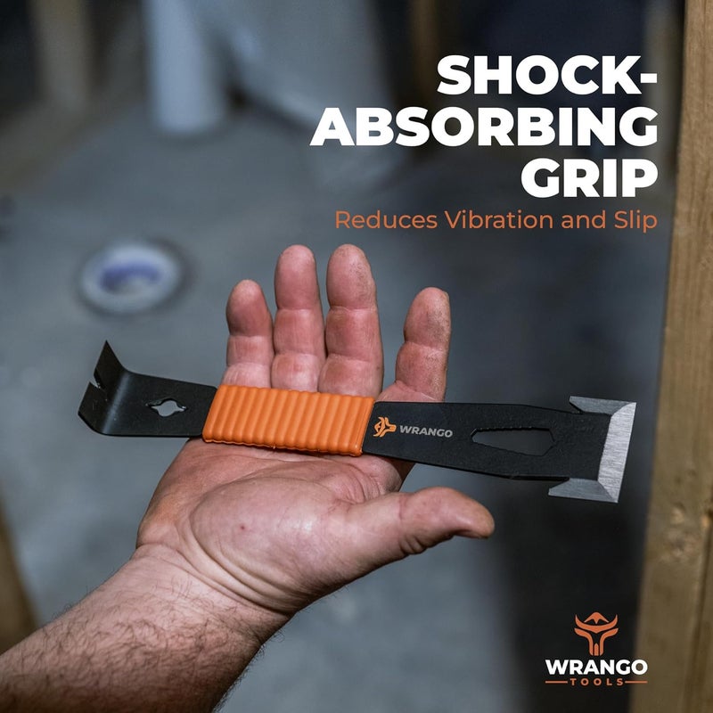 WRANGO TOOLS Store 9.5" Trim Bar Pry Bar - Patented Small Pry Bar with Bolt Remover & Nail Puller for Home Improvement & Construction - Flat Bar with Shock-Absorbing Grip & Wide Winged Ends, 2pk - Image 2